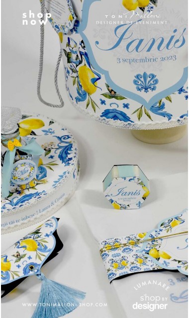 Trusou botez mediteranean inspiratie italia Capri Sorrento cu lamai si faianta alb cu albastru Italian Boy 5